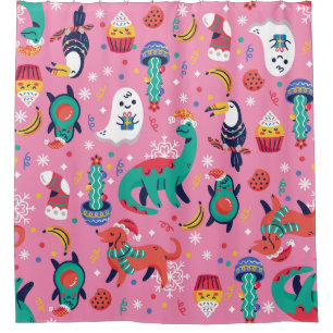 ugly christmas dinosaur avocado cupcake xmas shower curtain