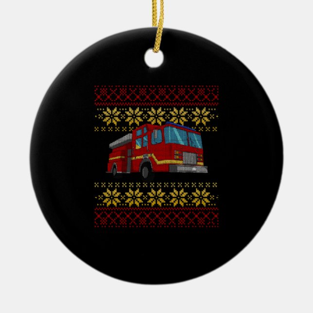 Ugly Christmas Fire Brigade Fire Truck Fire Truck Ceramic Ornament (Front)