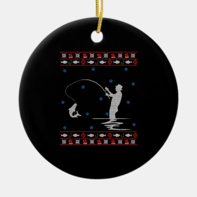 Ugly Christmas Fisherman Fishing Rod Ceramic Ornament (Front)