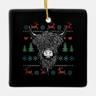 Ugly Christmas Highland Cow Ceramic Ornament