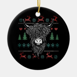 Ugly Christmas Highland Cow Ceramic Ornament