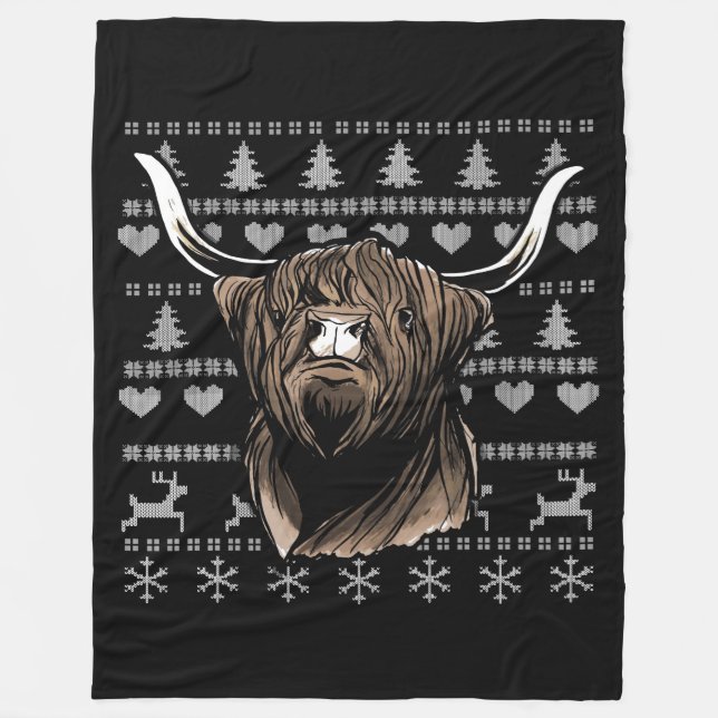 Ugly Christmas Highland Cow Fleece Blanket (Front)