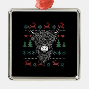 Ugly Christmas Highland Cow Metal Ornament