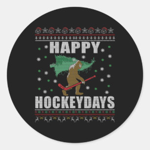 Ugly Christmas Ice Hockey Sasquatch - Happy Hockey Classic Round Sticker