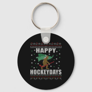 Ugly Christmas Ice Hockey Sasquatch - Happy Hockey Key Ring