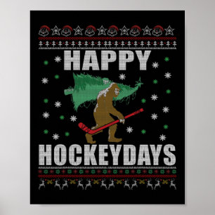 Ugly Christmas Ice Hockey Sasquatch - Happy Hockey Poster