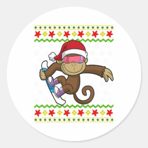 Ugly Christmas Monkey Snowboarding Snowboard Snowb Classic Round Sticker