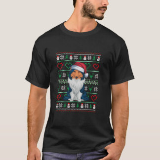 Ugly Christmas Rough Collie Dog Wearing Santa Hat  T-Shirt