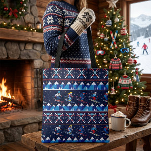 Ugly Christmas Ski Pattern Holiday Tote Bag