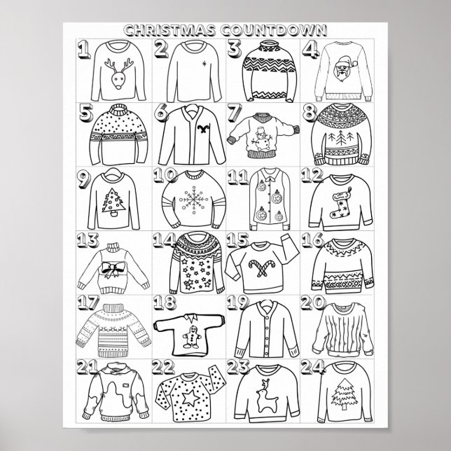 Ugly Christmas Sweater Advent Countdown Colouring Poster (Front)