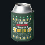 Ugly Christmas Sweater Beer Beer Can Cooler<br><div class="desc">Christmas - It's the most wonderful time for a beer in ugly Christmas sweater style,  with simulated knitting stiches adorned with snow covered evergreen trees,  mugs of beer and snowflakes and hearts.</div>