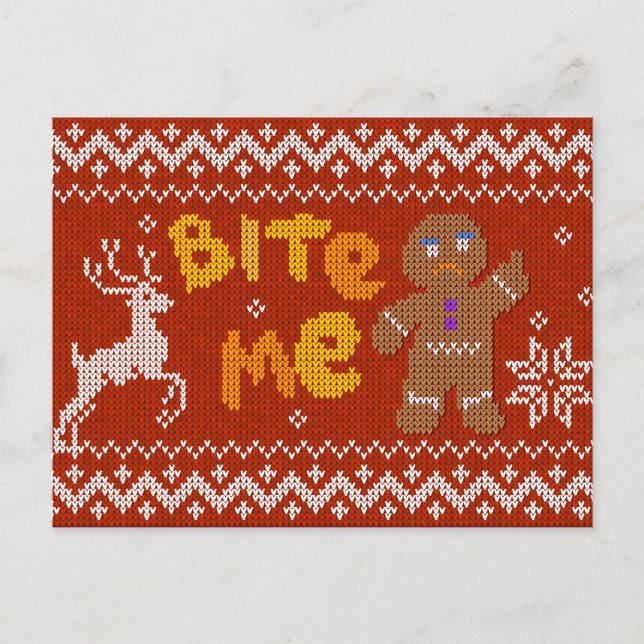 Ugly Christmas Sweater: Bite Me Gingerbread Man Holiday Postcard (Front)