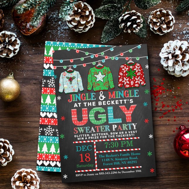 Ugly Christmas Sweater Chalkboard Holiday Party Invitation (Creator Uploaded)