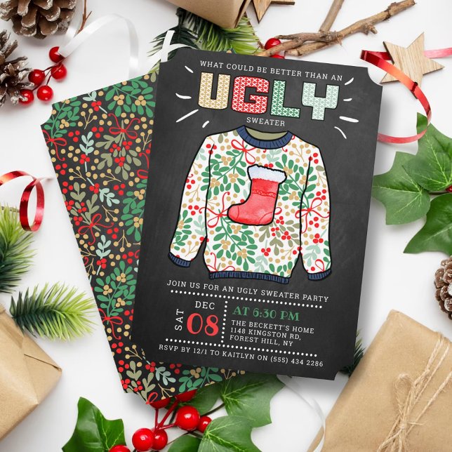 Ugly Christmas Sweater Chalkboard Holiday Party Invitation (Creator Uploaded)