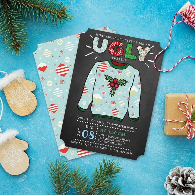 Ugly Christmas Sweater Chalkboard Holiday Party Invitation (Creator Uploaded)