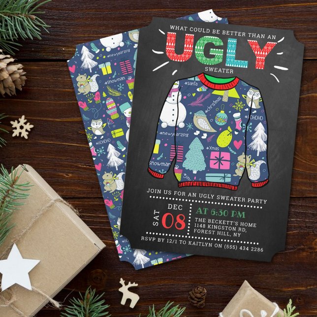 Ugly Christmas Sweater Chalkboard Holiday Party Invitation (Creator Uploaded)