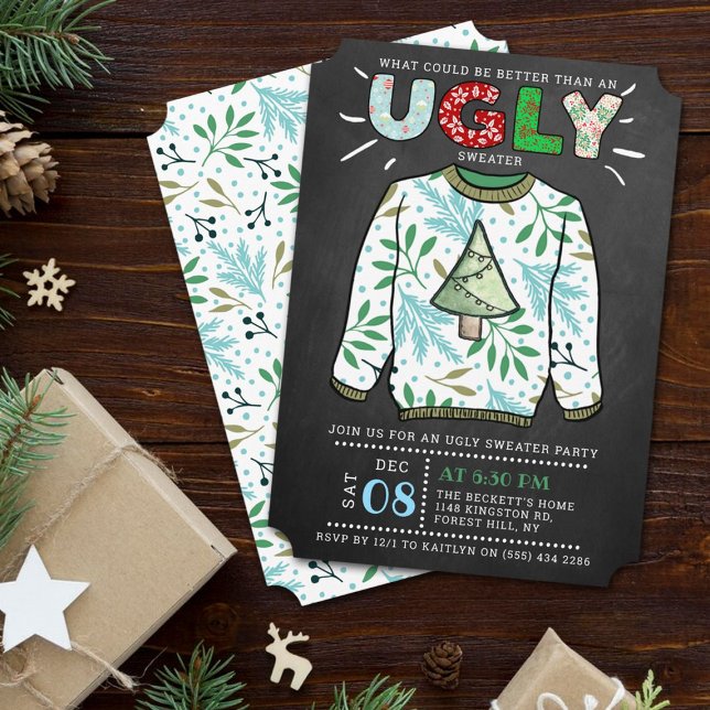 Ugly Christmas Sweater Chalkboard Holiday Party Invitation (Creator Uploaded)