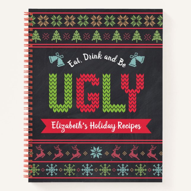 Ugly Christmas Sweater Chalkboard Recipe Cookbook Notebook (Front)