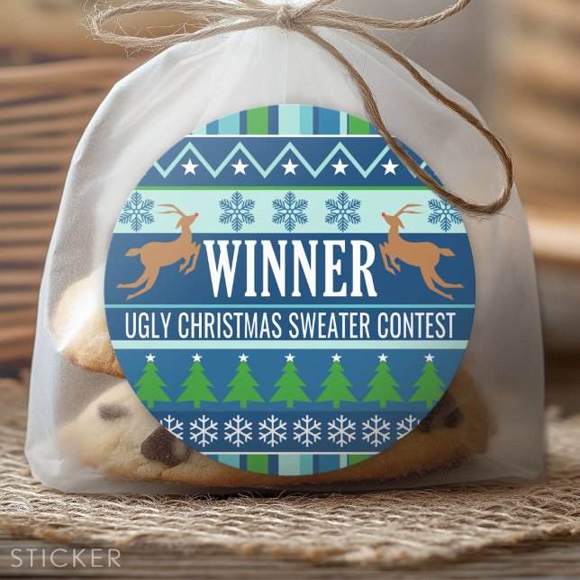 Ugly Christmas Sweater Contest Winner Blue Classic Round Sticker (Custom Sticker)