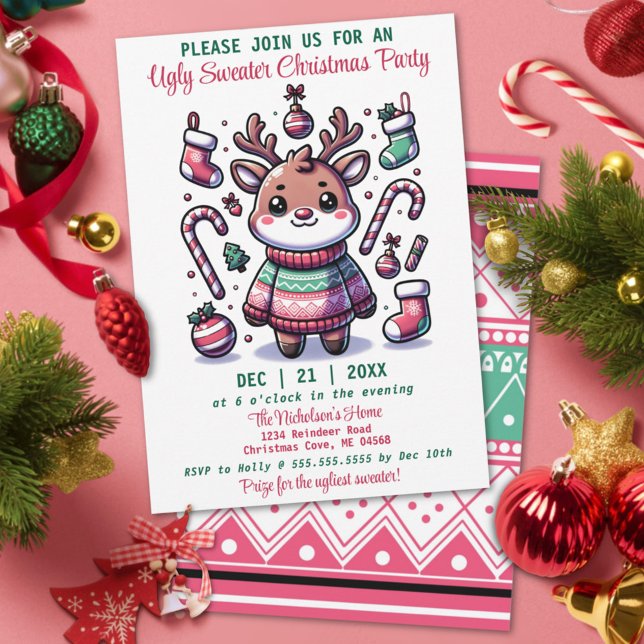Ugly Christmas Sweater Cute Reindeer Party Invitation (Creator Uploaded)