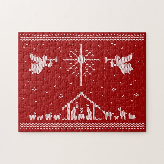 Ugly Christmas Sweater Design Nativity Christian Jigsaw Puzzle (Horizontal)