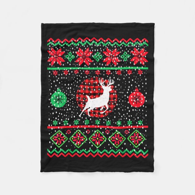 Ugly Christmas Sweater Design Plaid Reindeer  Fleece Blanket (Front)
