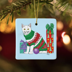 Ugly Christmas Sweater Funny Cat Ceramic Ornament