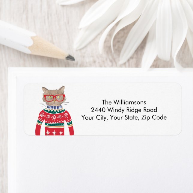 Ugly Christmas Sweater Funny Cat Return Address Label (Insitu)