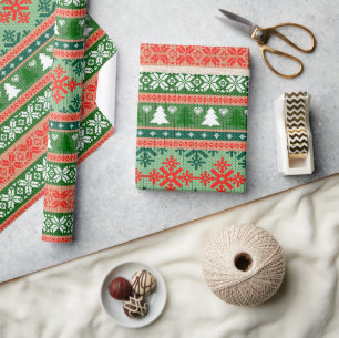 Ugly Christmas Sweater Green and Red Pattern Wrapping Paper