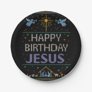 Ugly Christmas Sweater - Happy Birthday Jesus Paper Plate