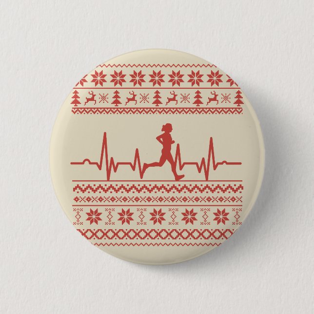 Ugly Christmas sweater heartbeat running run 6 Cm Round Badge (Front)