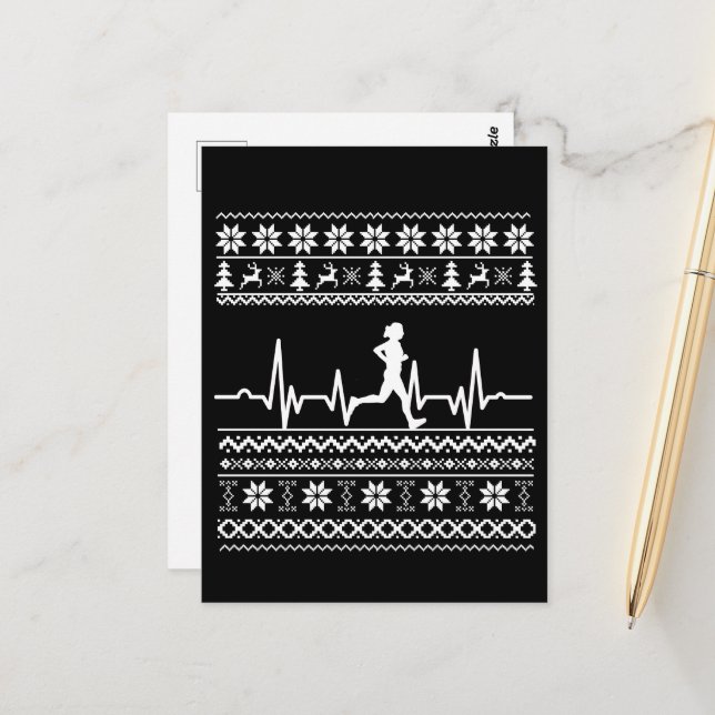 Ugly Christmas sweater heartbeat running run Postcard (Front/Back In Situ)