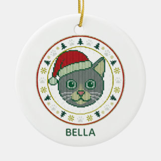 Ugly Christmas Sweater Knit Cat Santa Hat Ornament