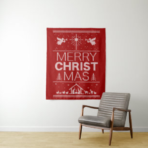 Ugly Christmas Sweater Merry Christ Red Religious Tapestry