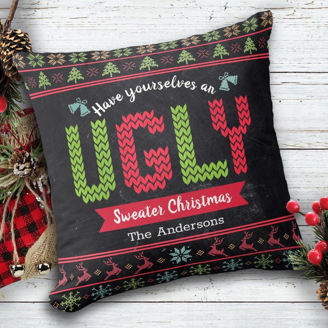 Ugly Christmas Sweater Nordic Knit Fun Chalkboard  Cushion (Creator Uploaded)
