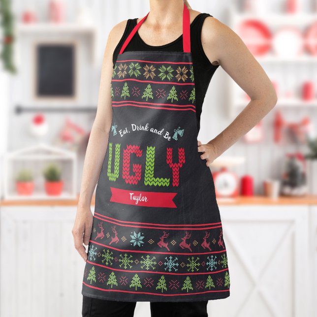 Ugly Christmas Sweater Nordic Knit Name Chalkboard Apron (Creator Uploaded)