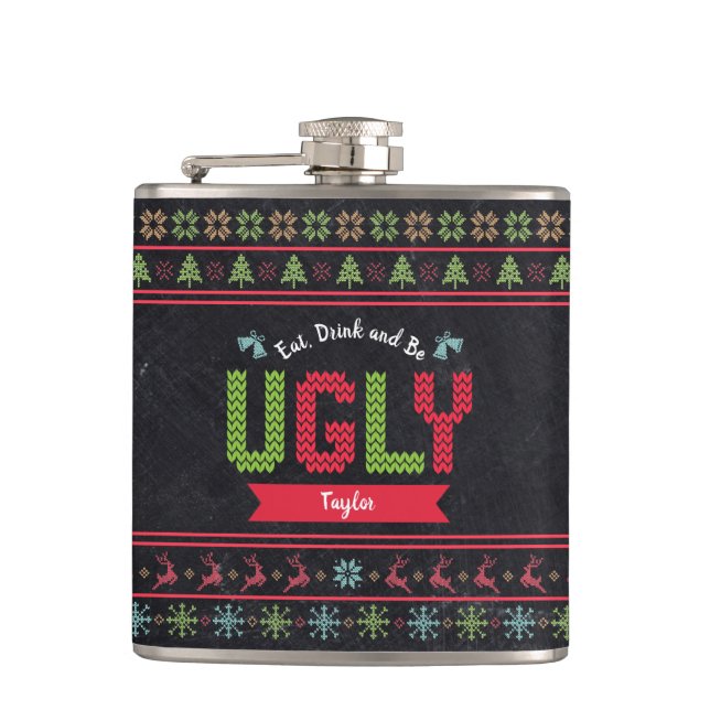 Ugly Christmas Sweater Nordic Knit Name Chalkboard Hip Flask (Front)