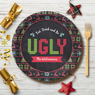 Ugly Christmas Sweater Nordic Knit Name Chalkboard Paper Plate