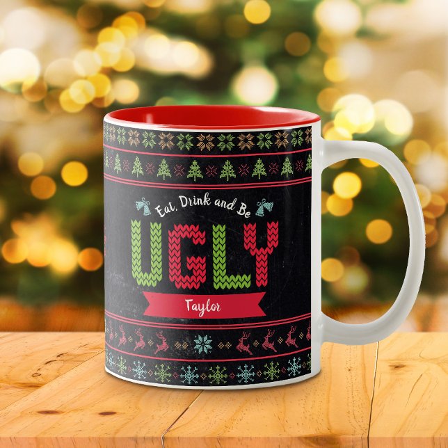 Ugly Christmas Sweater Nordic Knit Name Chalkboard Two-Tone Coffee Mug (Creator Uploaded)