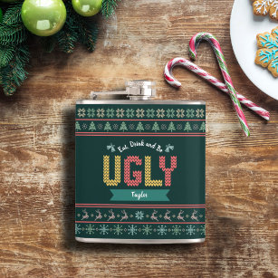 Ugly Christmas Sweater Nordic Knit Your Name Green Hip Flask