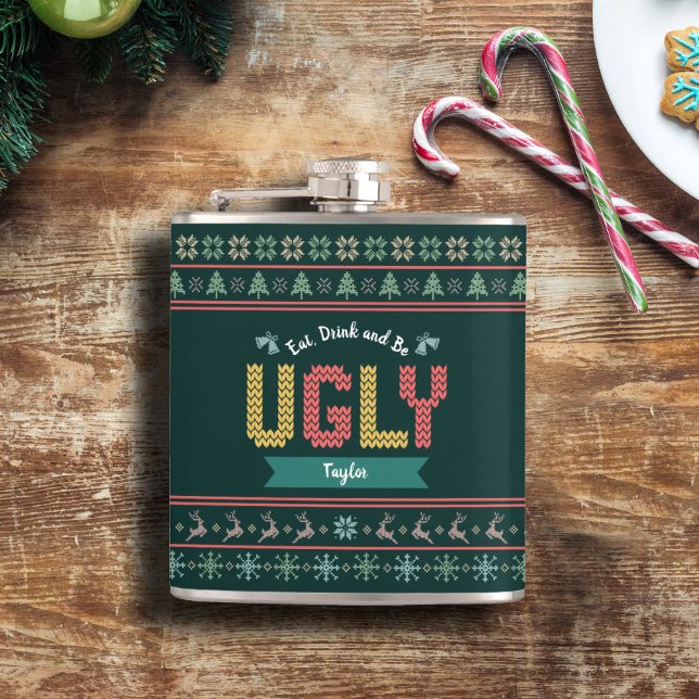 Ugly Christmas Sweater Nordic Knit Your Name Green Hip Flask (Creator Uploaded)