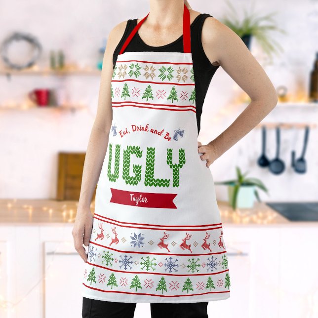 Ugly Christmas Sweater Nordic Red Green Knit Name Apron (Creator Uploaded)