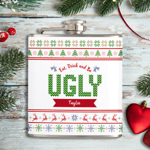 Ugly Christmas Sweater Nordic Red Green Knit Name Hip Flask