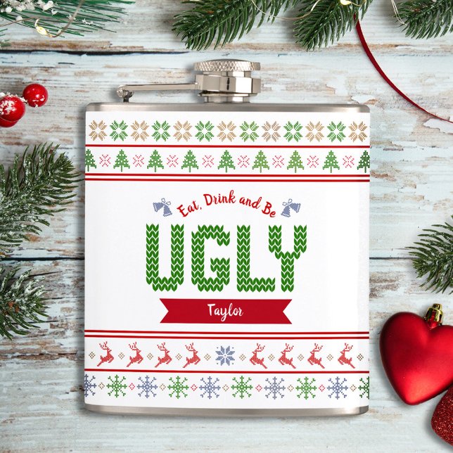 Ugly Christmas Sweater Nordic Red Green Knit Name Hip Flask (Creator Uploaded)