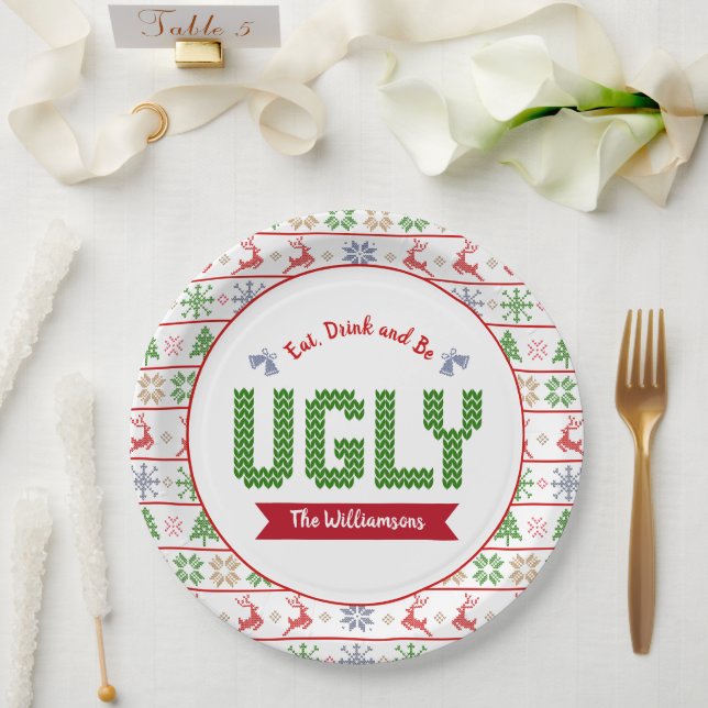 Ugly Christmas Sweater Nordic Red Green Knit Name Paper Plate (Wedding)