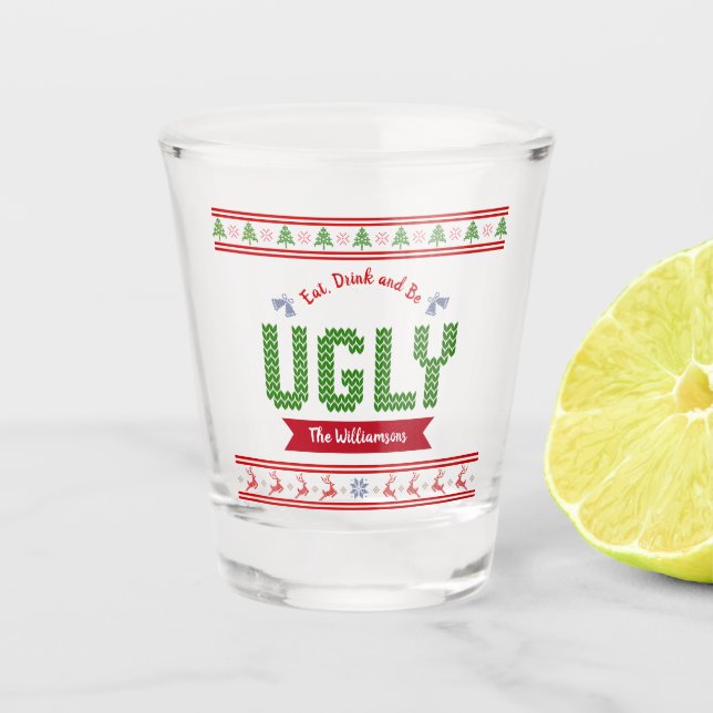 Ugly Christmas Sweater Nordic Red Green Knit Name Shot Glass (Front)
