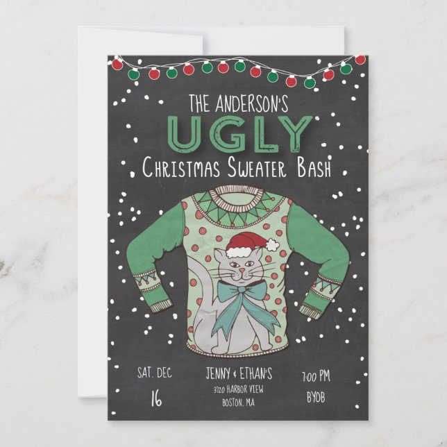 Ugly Christmas Sweater Party Invitation - Cat (Front)