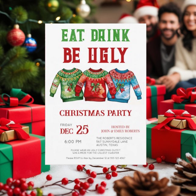 Ugly Christmas Sweater Party Invitation Eat Drink (Creator Uploaded)
