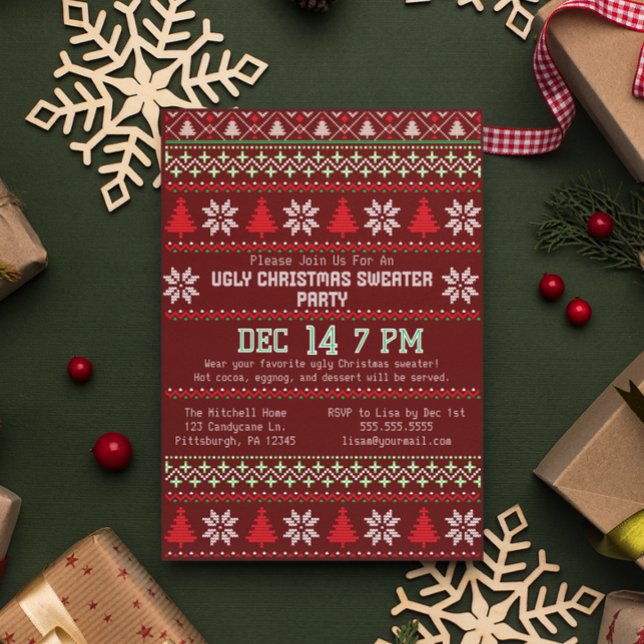Ugly Christmas Sweater Party Knitted Snowflake Invitation (Creator Uploaded)