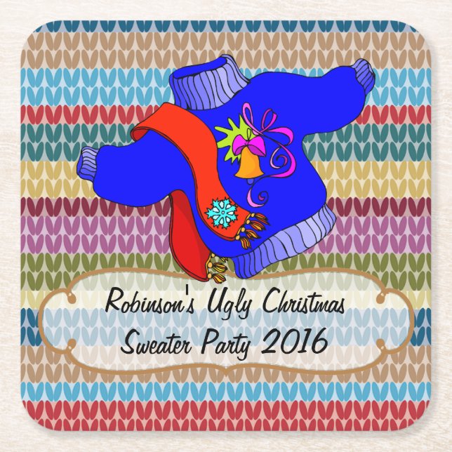 Ugly Christmas Sweater Party Personalised Square Paper Coaster (Front)